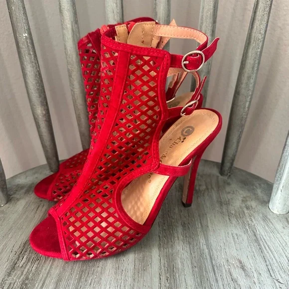 Chase + Chloe Red Suede Peep-Toe Heels - Picture 2 of 6